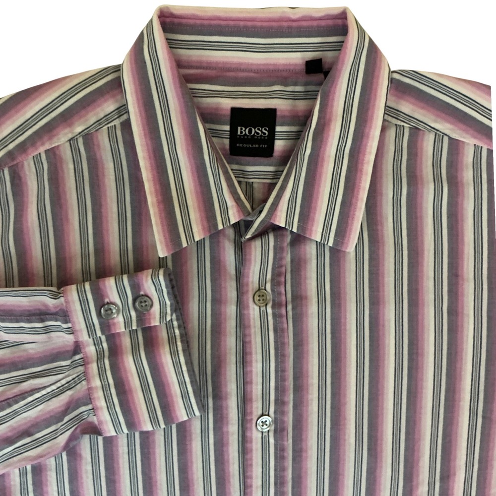 Hugo Boss Mens Large Pink Striped Regular Fit Long Sleeve Lucas